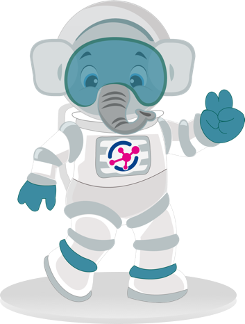 The original Agnos mascot: a small elephant in an astronaut suit, waving